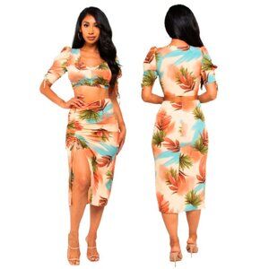 NWT Cream Tropical Print Crop Shirt Top and Skirt Outfit Set